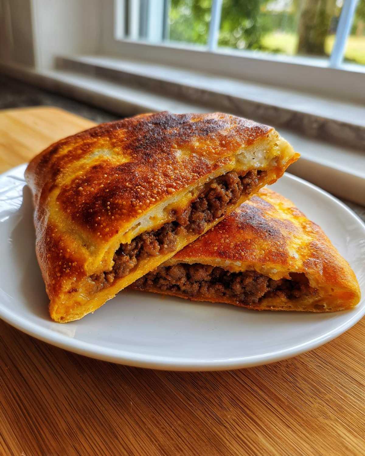 Two halves of Crispy Lebanese Arayes Juicy Beef Pita Pockets showing the savory ground beef filling inside.