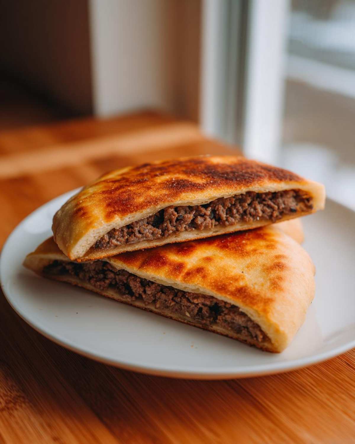 Two halves of a Crispy Lebanese Arayes Juicy Beef Pita Pocket stacked on a white plate, showing the savory ground beef filling.