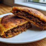 Two halves of Crispy Lebanese Arayes, showing the golden, toasted exterior and the savory, juicy beef filling inside.