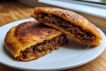 Two halves of Crispy Lebanese Arayes, showing the golden, toasted exterior and the savory, juicy beef filling inside.