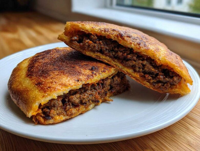Two halves of Crispy Lebanese Arayes, showing the golden, toasted exterior and the savory, juicy beef filling inside.