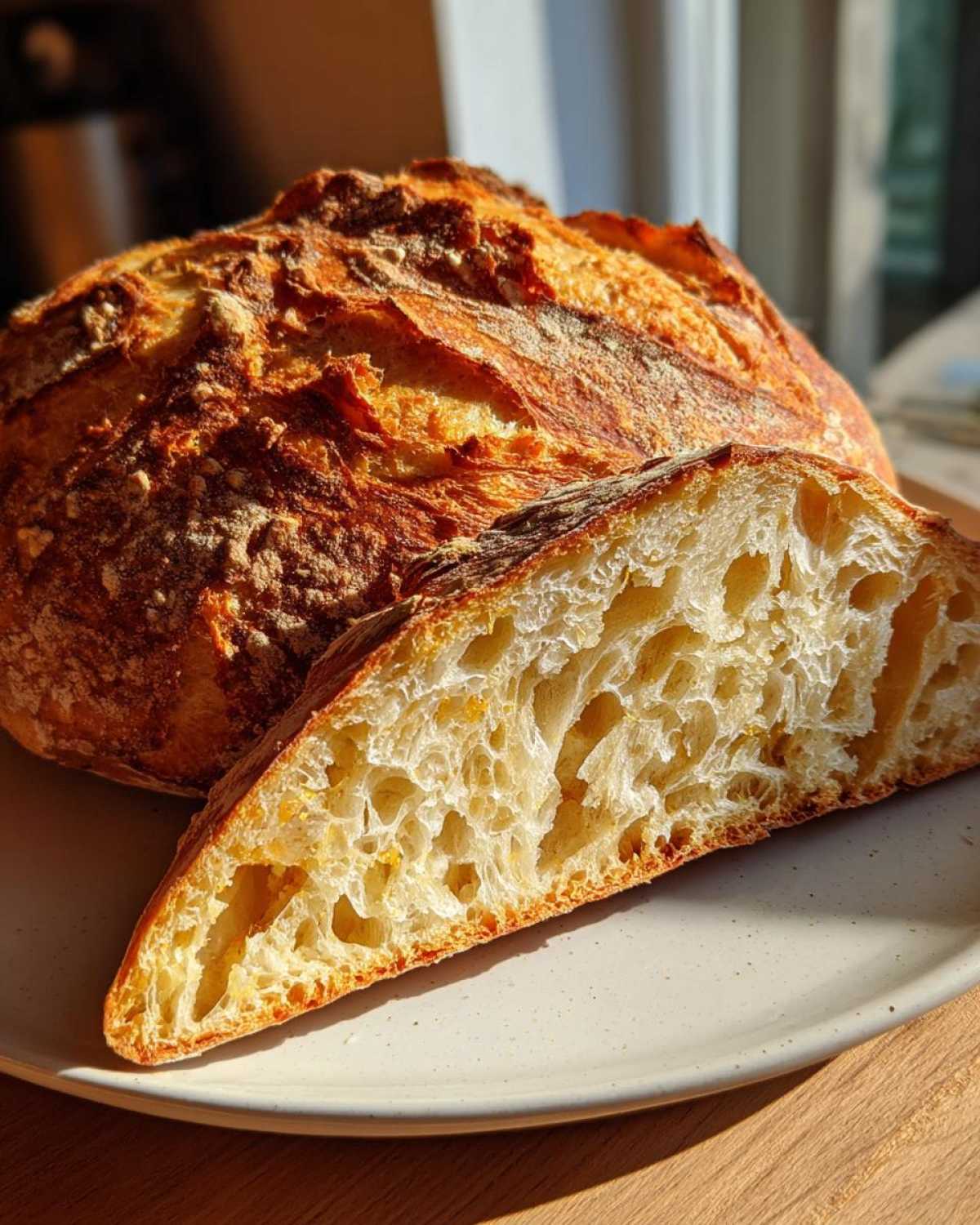 A loaf of golden-brown artisan bread, partially sliced to show the open, airy crumb texture.
