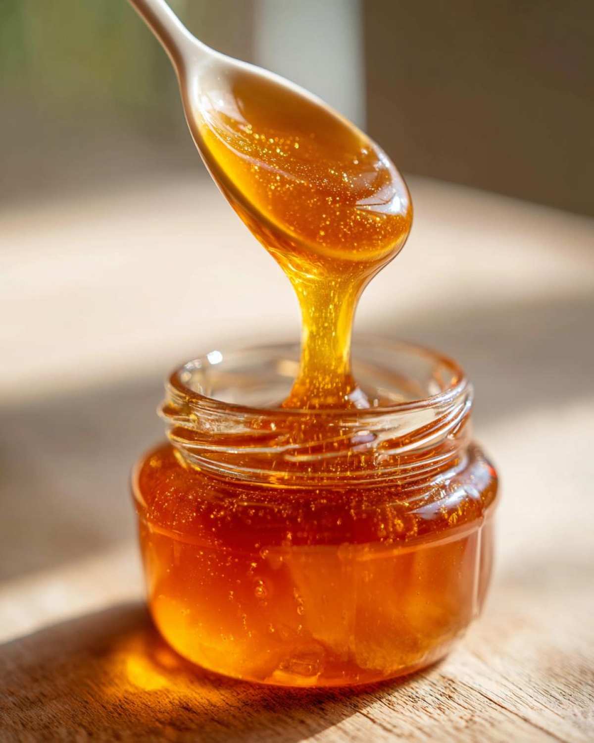 Close-up of thick, golden Dandelion Honey Syrup dripping from a white spoon back into a small glass jar.