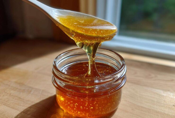 A white spoon drips thick, golden Dandelion Honey Syrup back into a small glass jar.