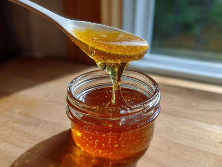 A white spoon drips thick, golden Dandelion Honey Syrup back into a small glass jar.