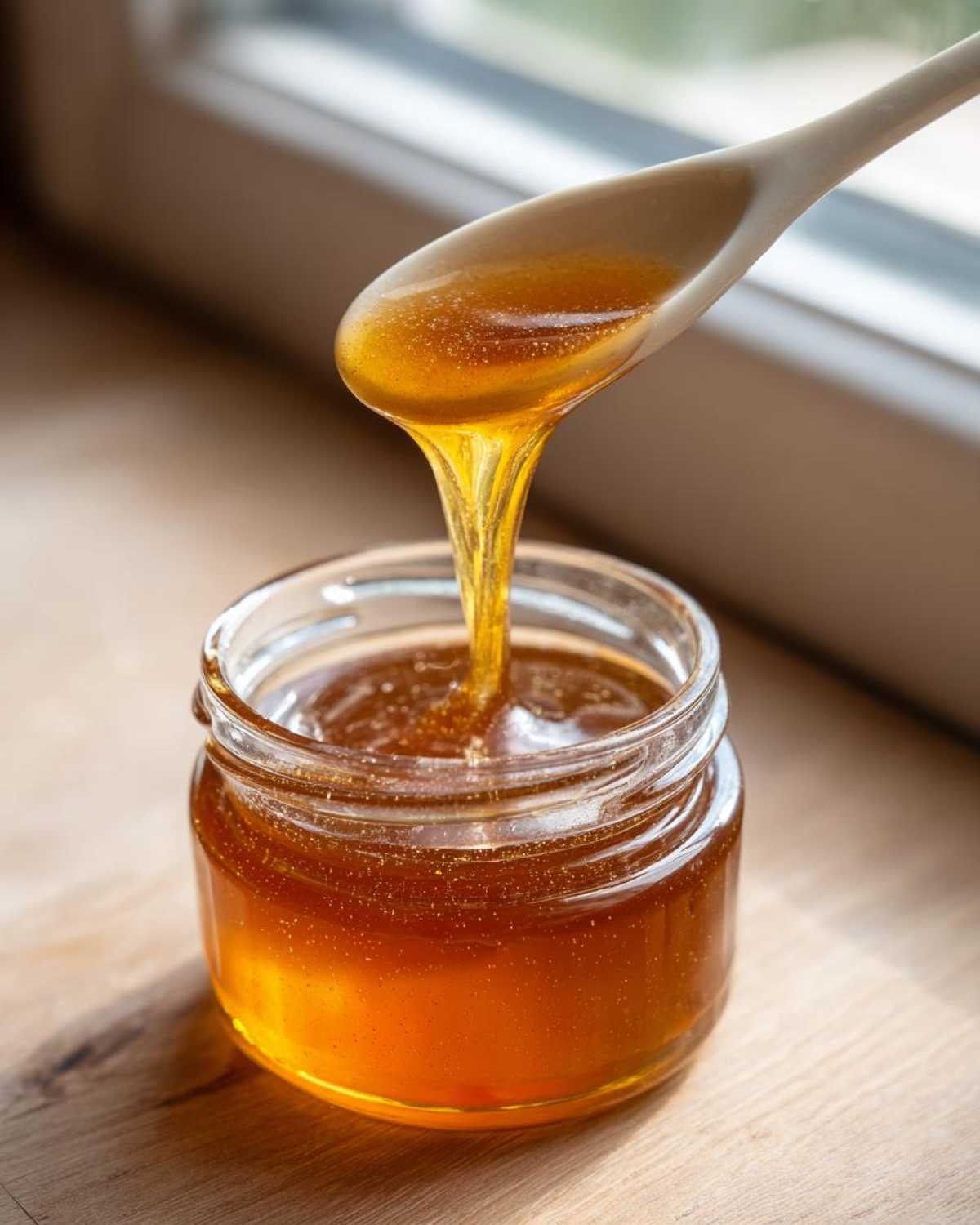 A close-up shows thick, golden Dandelion Honey Syrup dripping from a white spoon back into a small glass jar.