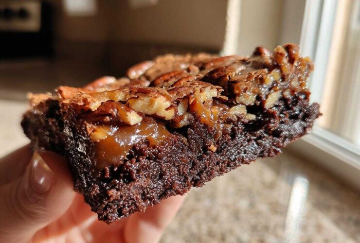 A person holding a thick, fudgy slice of pecan pie brownies showing the gooey caramel layer and pecan topping.