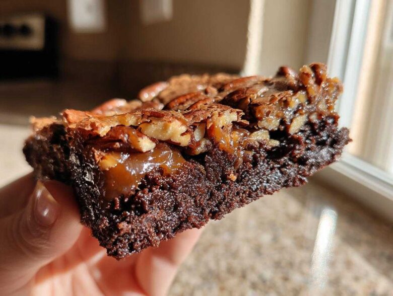 A person holding a thick, fudgy slice of pecan pie brownies showing the gooey caramel layer and pecan topping.