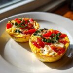 Two vibrant Easy 5-Minute Microwave Egg Caprese Cups topped with fresh tomatoes, mozzarella, and basil.