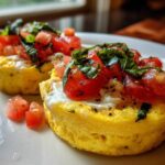 Two bright yellow Easy 5-Minute Microwave Egg Caprese Cups topped with fresh mozzarella, diced tomatoes, and basil.