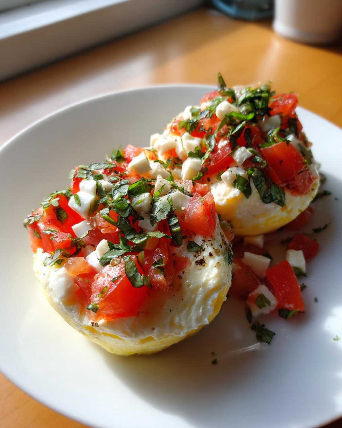 Two bright yellow Easy 5-Minute Microwave Egg Caprese Cups topped with diced tomatoes, mozzarella, and fresh basil.