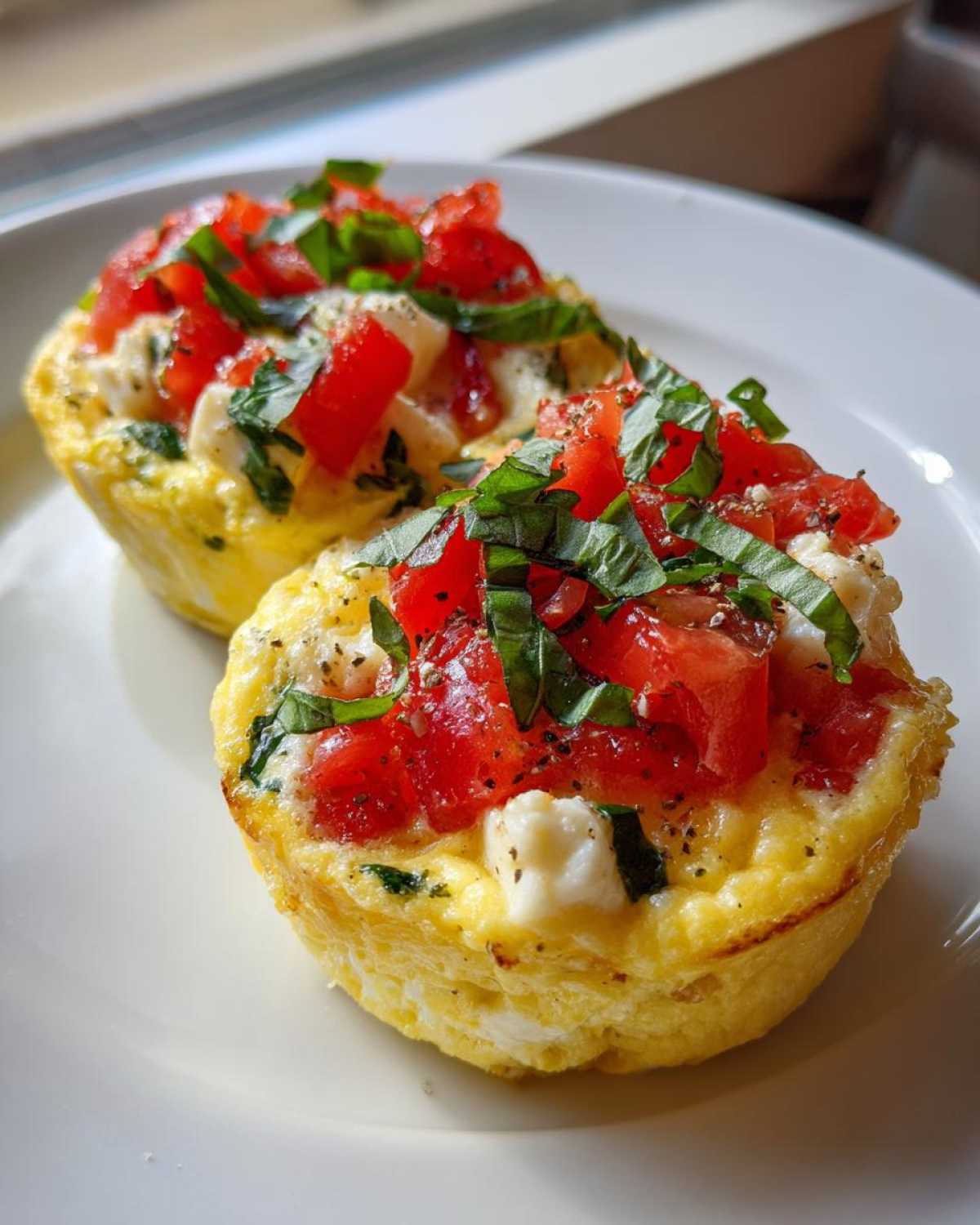 Two bright yellow Easy 5-Minute Microwave Egg Caprese Cups topped with diced red tomatoes and fresh basil.