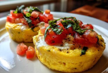 Two bright yellow Easy 5-Minute Microwave Egg Caprese Cups topped with fresh mozzarella, diced tomatoes, and basil.