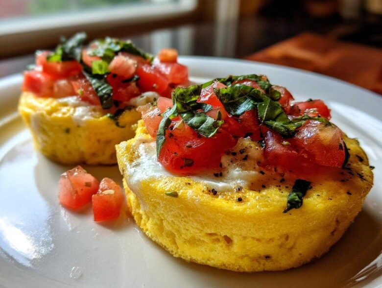 Two bright yellow Easy 5-Minute Microwave Egg Caprese Cups topped with fresh mozzarella, diced tomatoes, and basil.