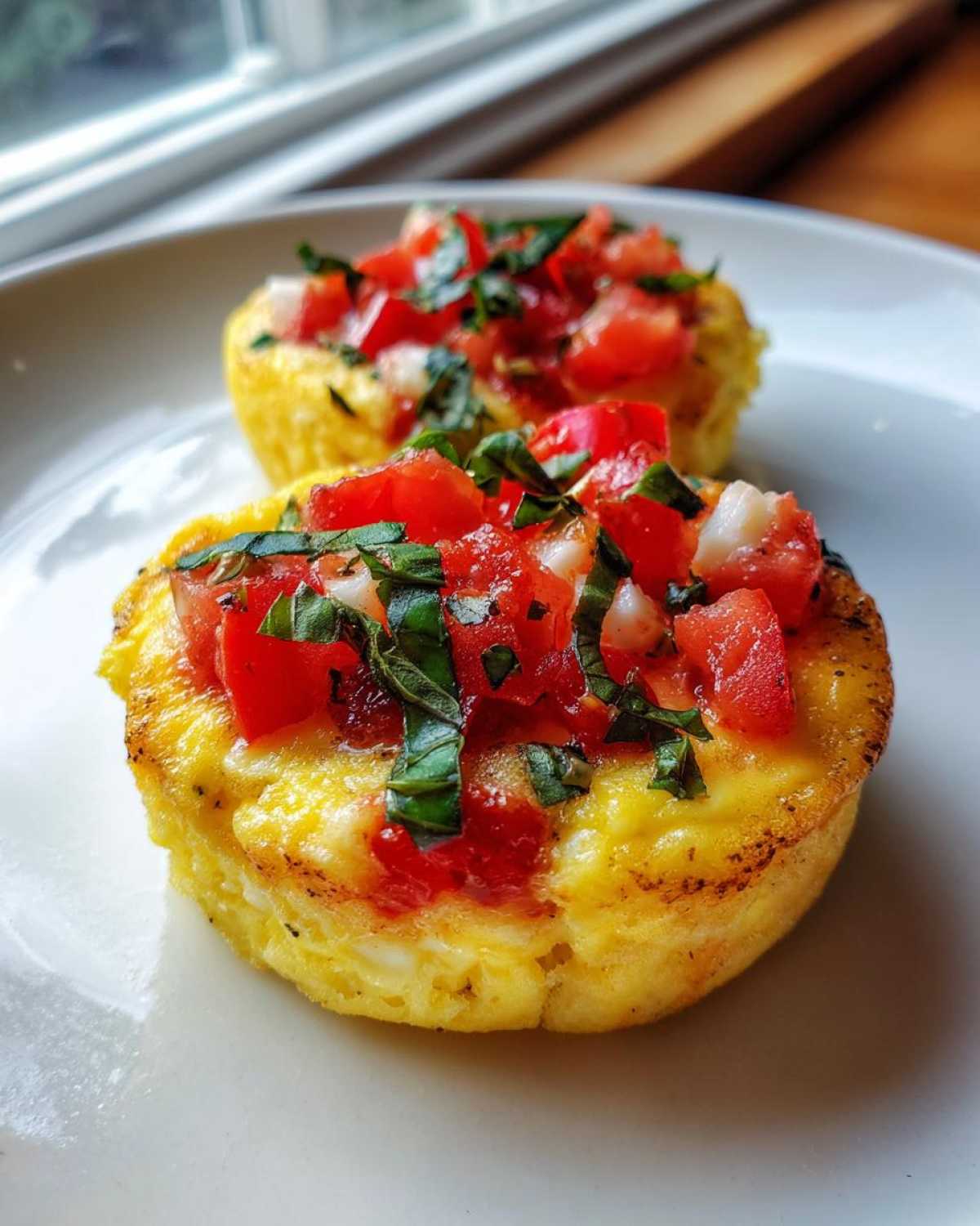 Two bright yellow Easy 5-Minute Microwave Egg Caprese Cups topped with fresh diced tomatoes and basil.