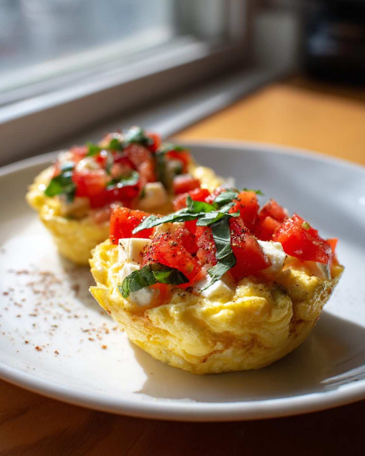 Two bright yellow Easy 5-Minute Microwave Egg Caprese Cups topped with diced tomatoes, mozzarella, and basil.