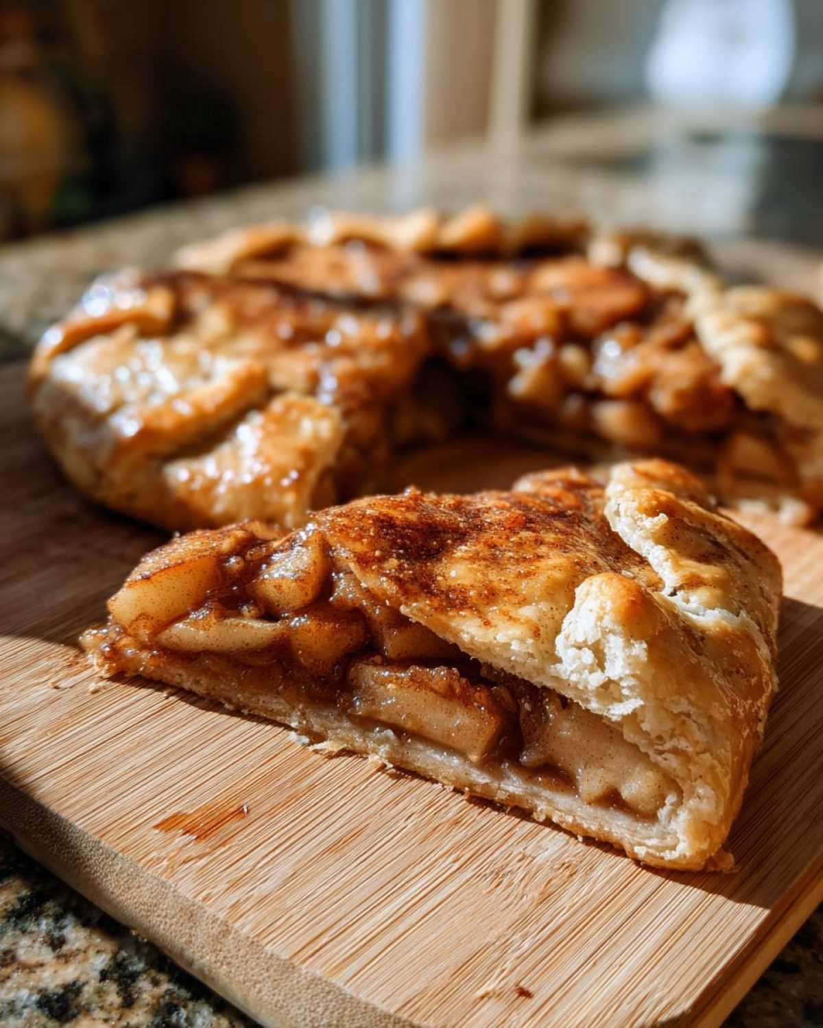 A close-up slice of a rustic apple galette showing flaky crust and caramelized apple filling, dusted with cinnamon.