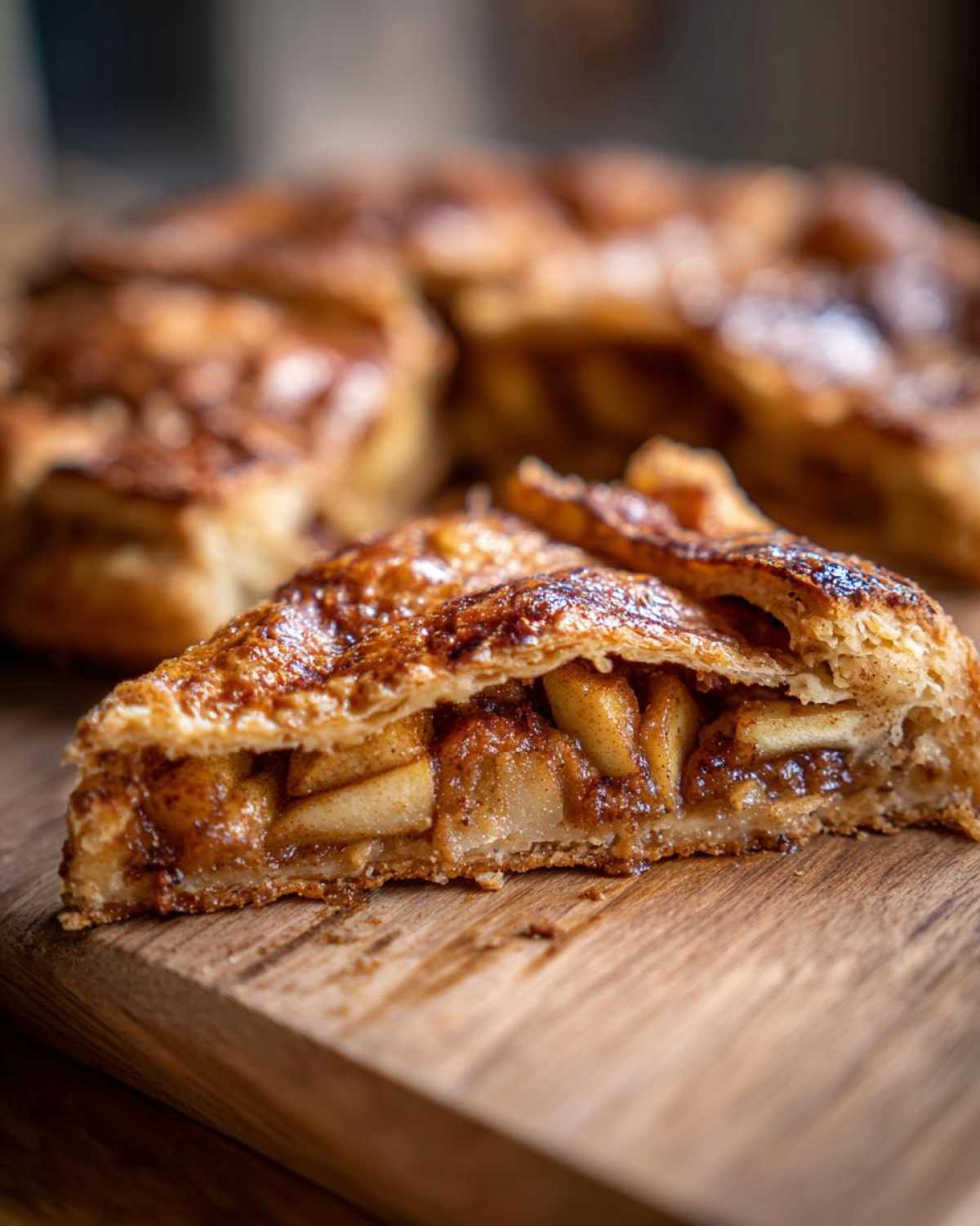 Close-up cross-section of a slice of easy apple galette showing flaky crust and cinnamon-spiced apple filling.