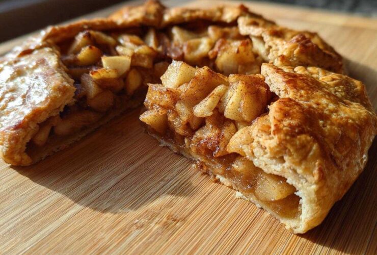A slice cut from a rustic apple galette showing cinnamon-spiced apple filling and flaky crust, resting on a wooden cutting board.