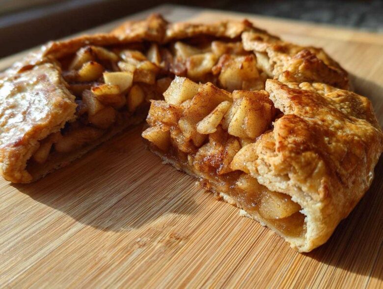 A slice cut from a rustic apple galette showing cinnamon-spiced apple filling and flaky crust, resting on a wooden cutting board.