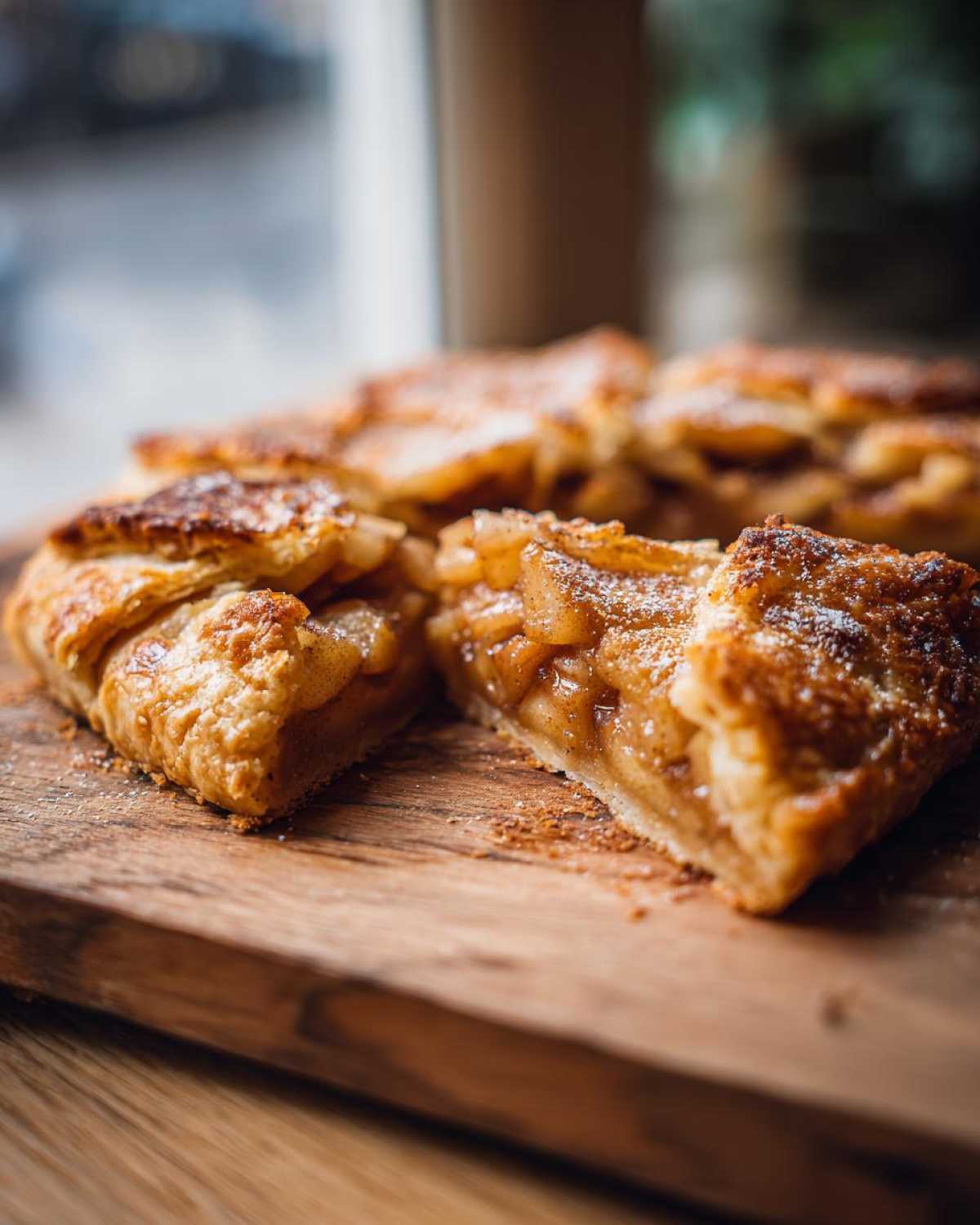 Close-up of several slices of easy apple galette dusted with powdered sugar on a rustic wooden cutting board.