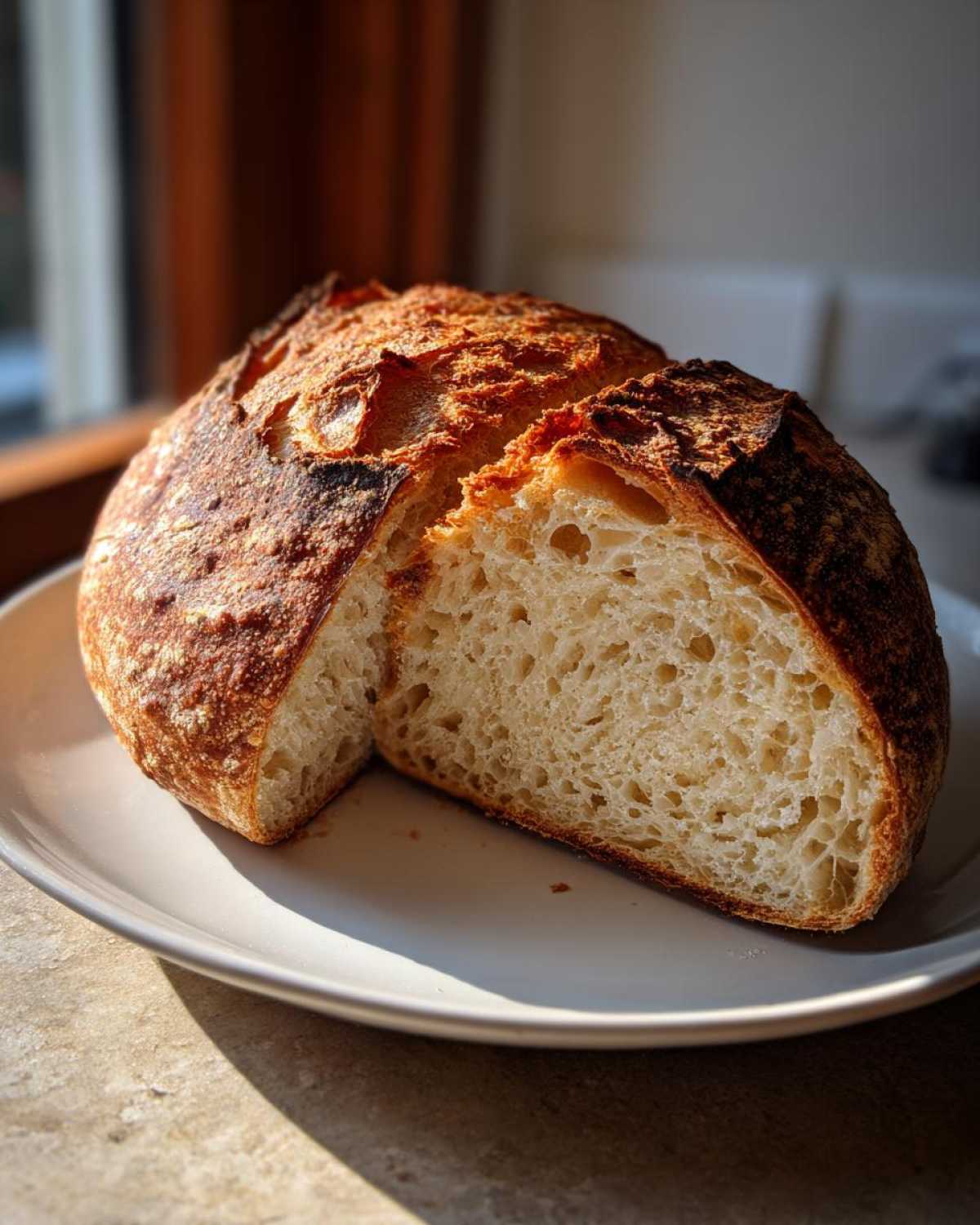 A freshly baked artisan bread loaf, sliced open to display its airy crumb and dark, blistered crust.