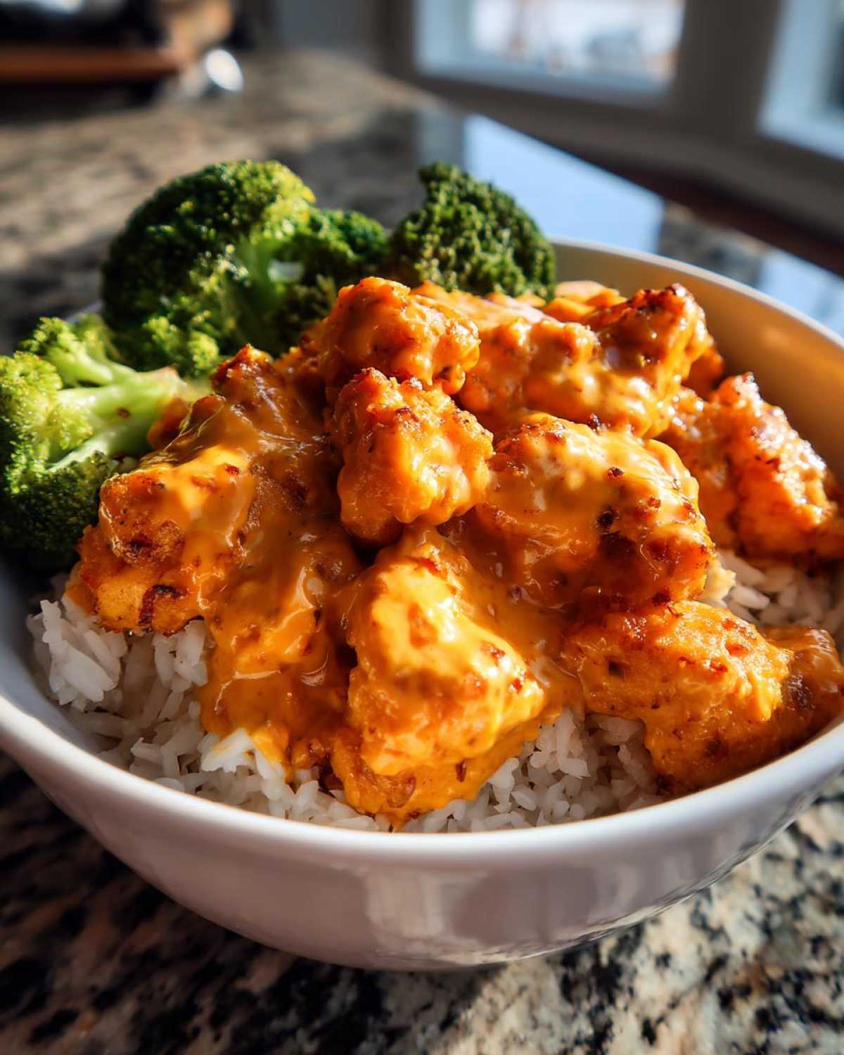 Close-up of a white bowl filled with white rice, topped with creamy, orange-sauced Bang Bang Chicken and steamed broccoli florets.