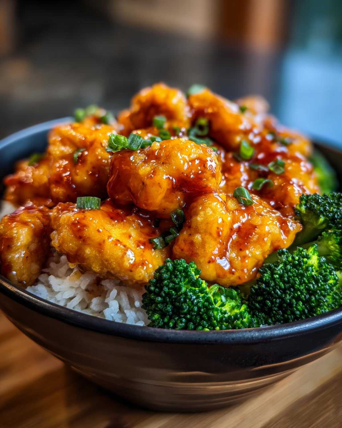 Close-up of a bowl filled with white rice, topped with crispy, saucy bang bang chicken and bright green broccoli florets.