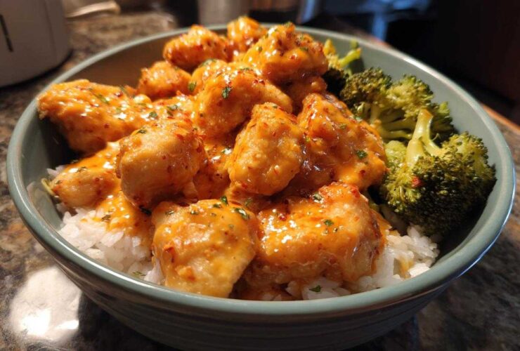 Close-up of a bowl filled with white rice, topped with saucy Bang Bang Chicken pieces and steamed broccoli florets.