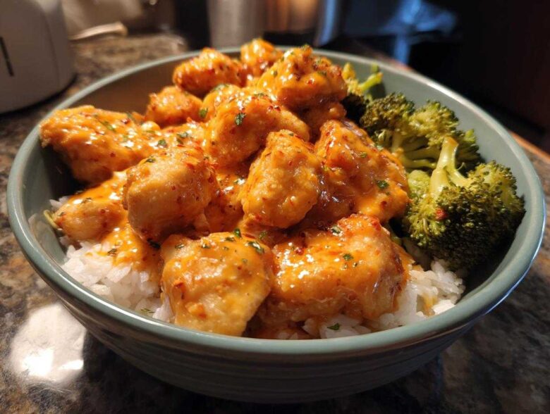 Close-up of a bowl filled with white rice, topped with saucy Bang Bang Chicken pieces and steamed broccoli florets.