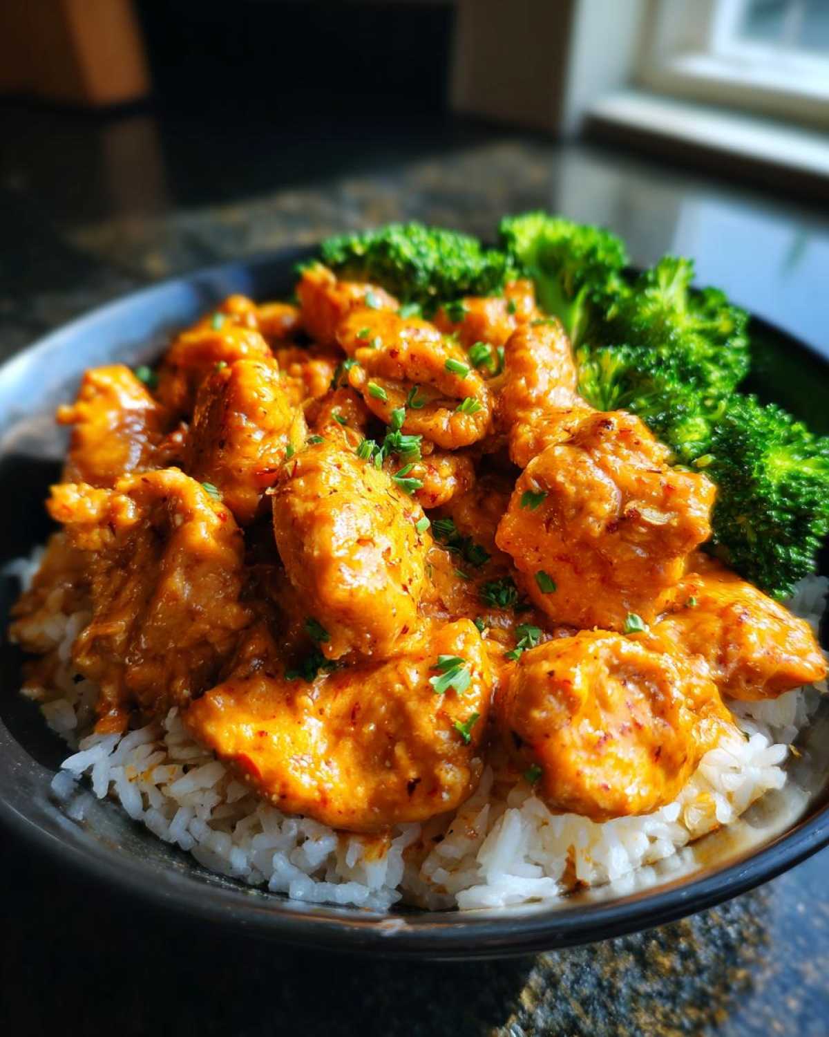 A close-up of a delicious bang bang chicken bowl featuring creamy orange sauce, white rice, and steamed broccoli florets.