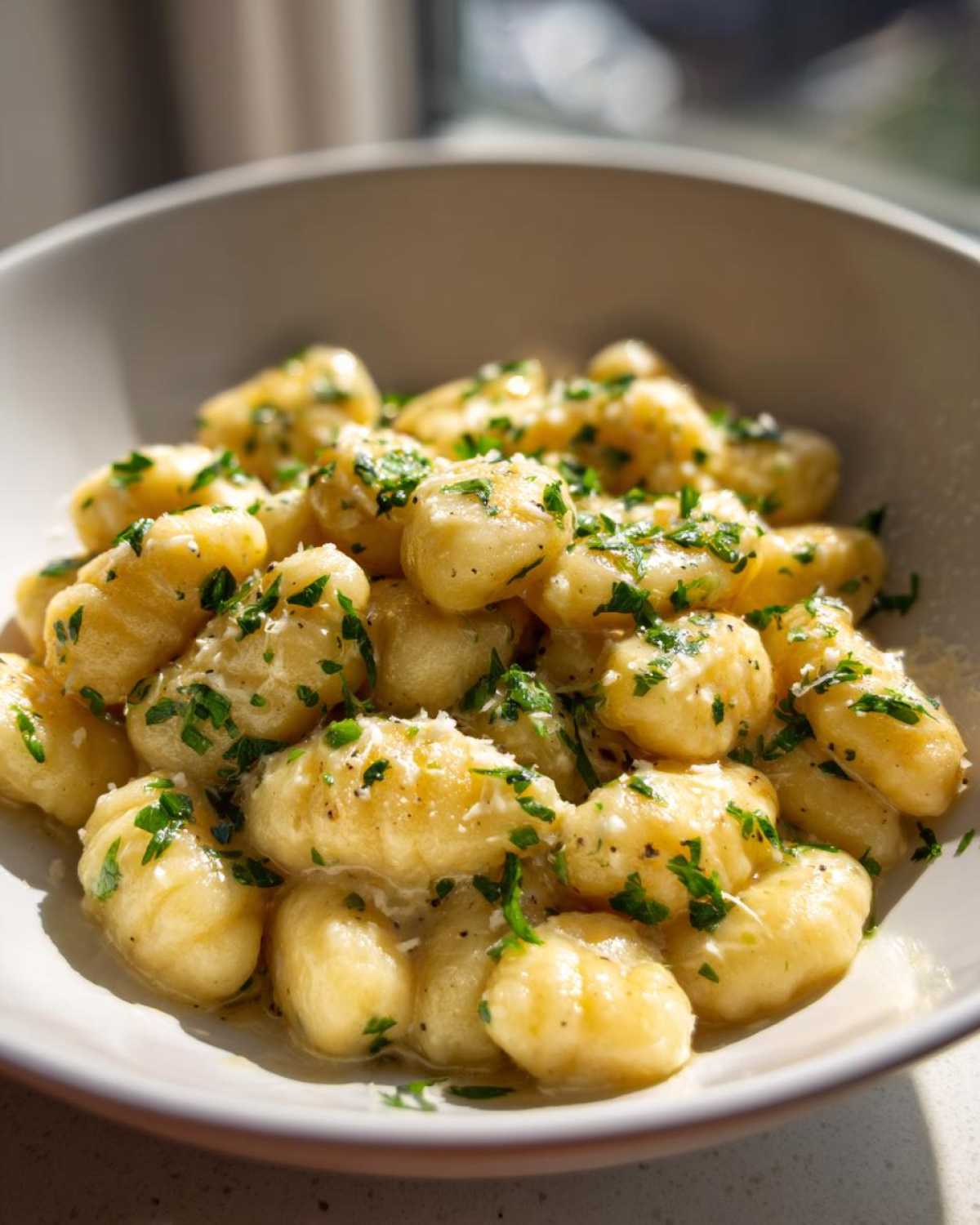A close-up of tender gnocchi coated in a creamy garlic butter sauce, garnished with fresh parsley and Parmesan cheese.