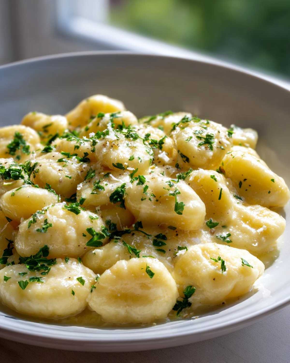 Close-up of Easy One-Pan Creamy Garlic Butter Gnocchi topped with fresh parsley and grated cheese.