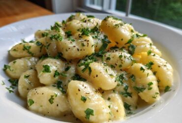 Close-up of Easy One-Pan Creamy Garlic Butter Gnocchi topped with fresh parsley and black pepper.