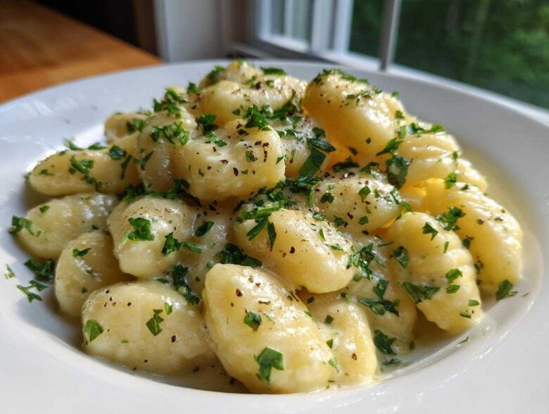 Close-up of Easy One-Pan Creamy Garlic Butter Gnocchi topped with fresh parsley and black pepper.