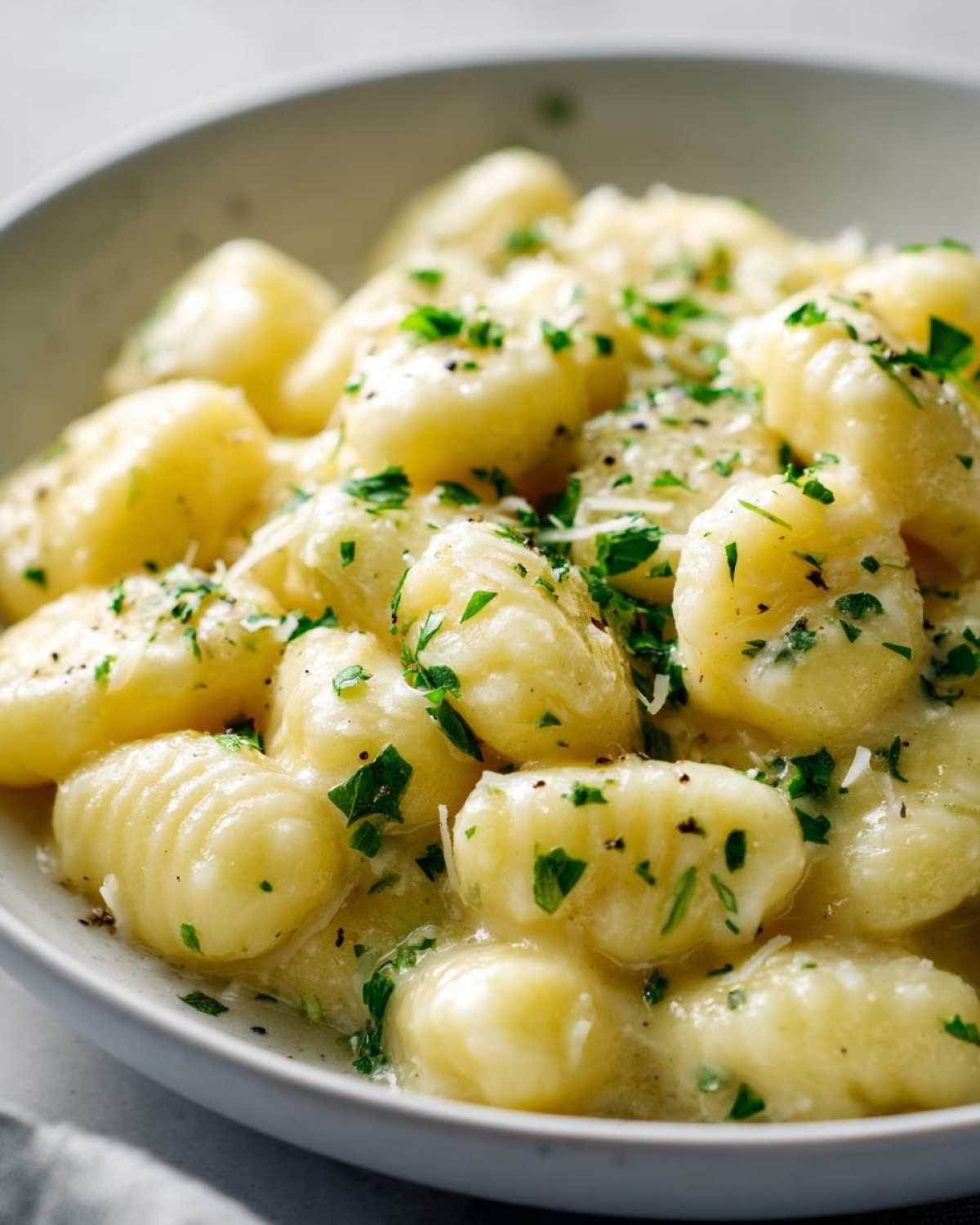 Close-up of pillowy gnocchi coated in a creamy garlic butter sauce, topped with fresh parsley and grated cheese.