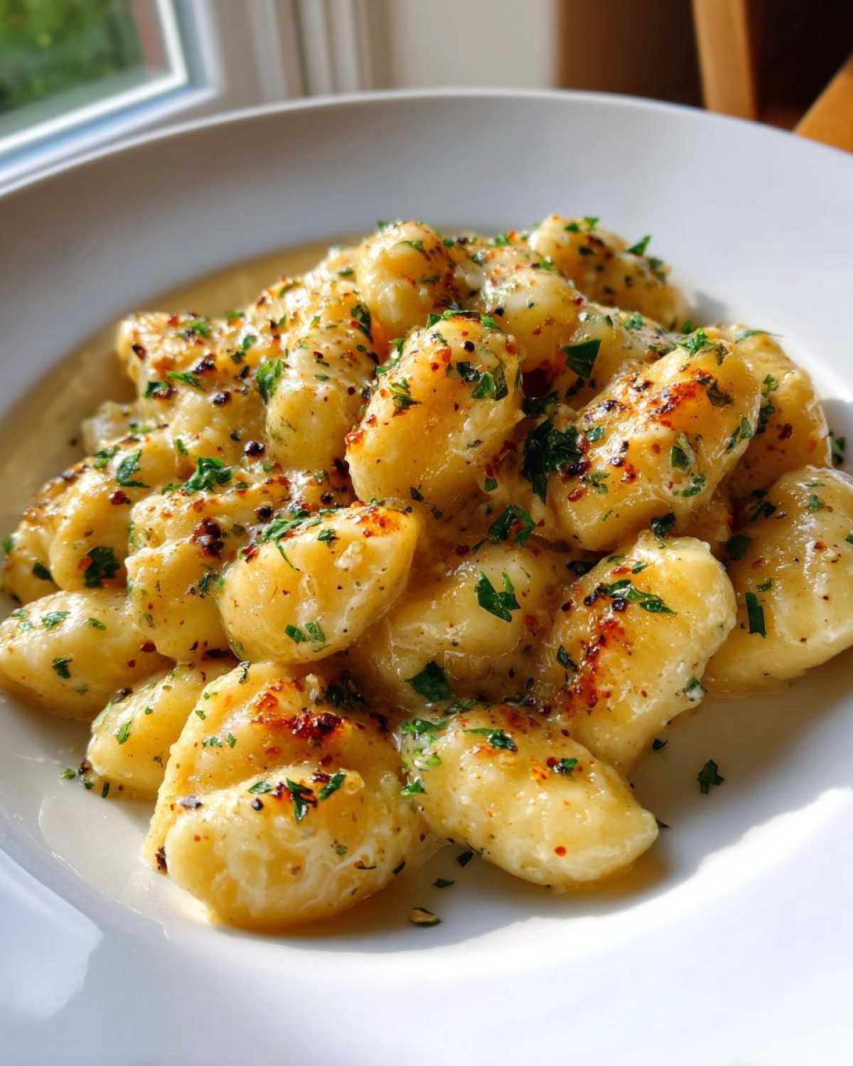 Close-up of Easy One-Pan Creamy Garlic Butter Gnocchi coated in a rich sauce and sprinkled with herbs.