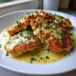 Close-up of golden brown Easy One-Pan Creamy Garlic Lemon Chicken Cutlets covered in rich sauce and fresh parsley.