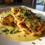 Two golden-brown chicken cutlets smothered in creamy garlic lemon sauce and topped with fresh parsley.