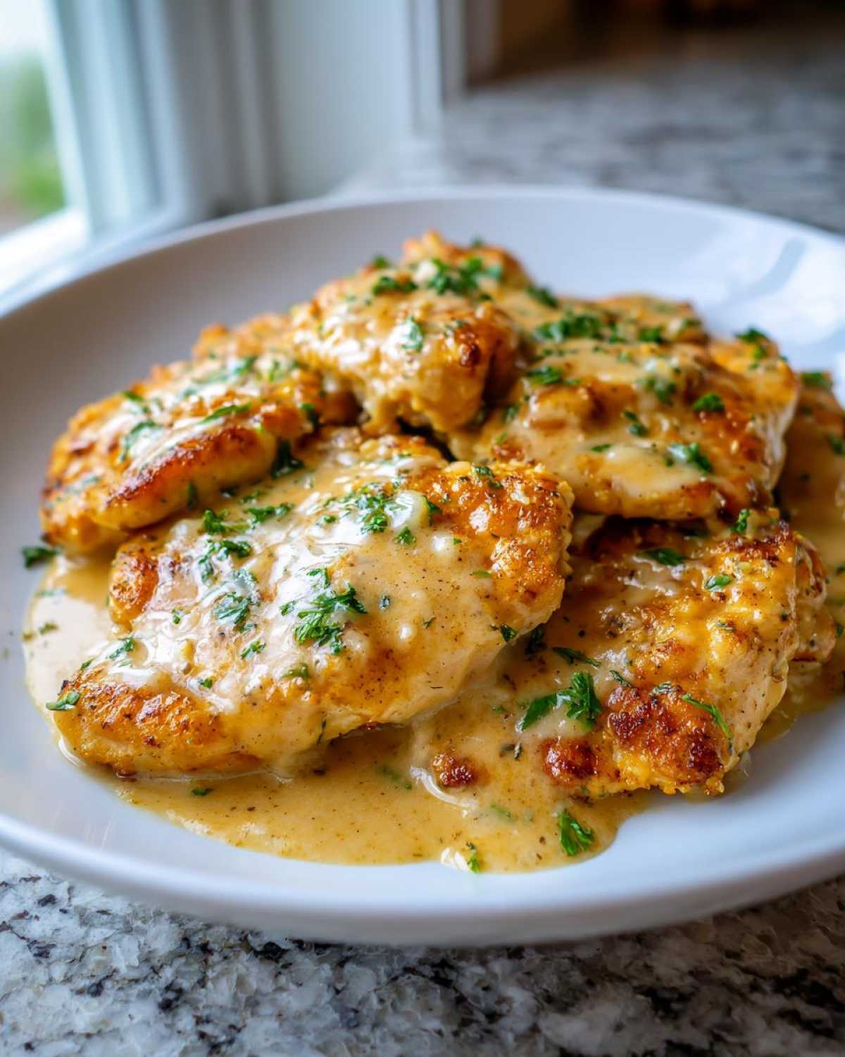 Close-up of several Easy One-Pan Creamy Garlic Lemon Chicken Cutlets smothered in a rich, creamy sauce and topped with fresh parsley.
