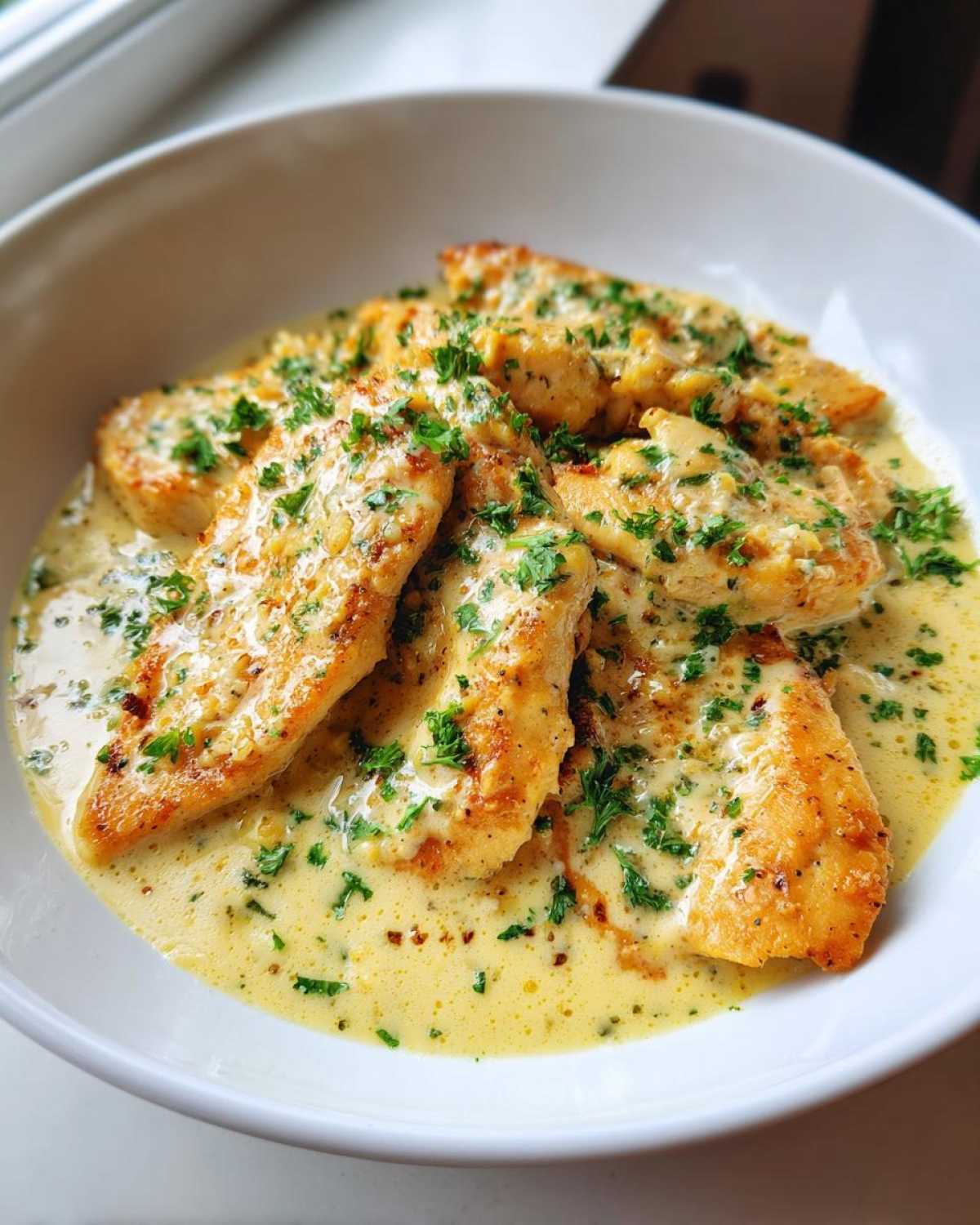 Close-up of golden brown Easy One-Pan Creamy Garlic Lemon Chicken Cutlets smothered in a rich, creamy sauce and topped with fresh parsley.