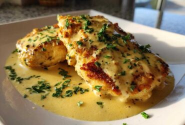 Two golden-brown chicken cutlets smothered in creamy garlic lemon sauce and topped with fresh parsley.