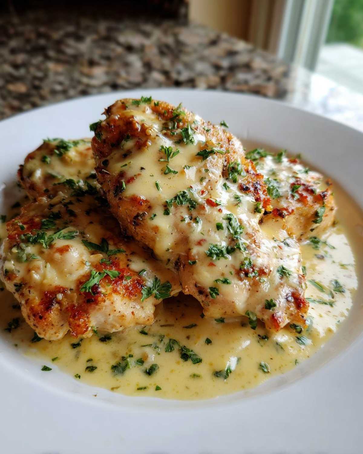 Three golden-brown Easy One-Pan Creamy Garlic Lemon Chicken Cutlets covered in a rich, yellow sauce and fresh parsley.