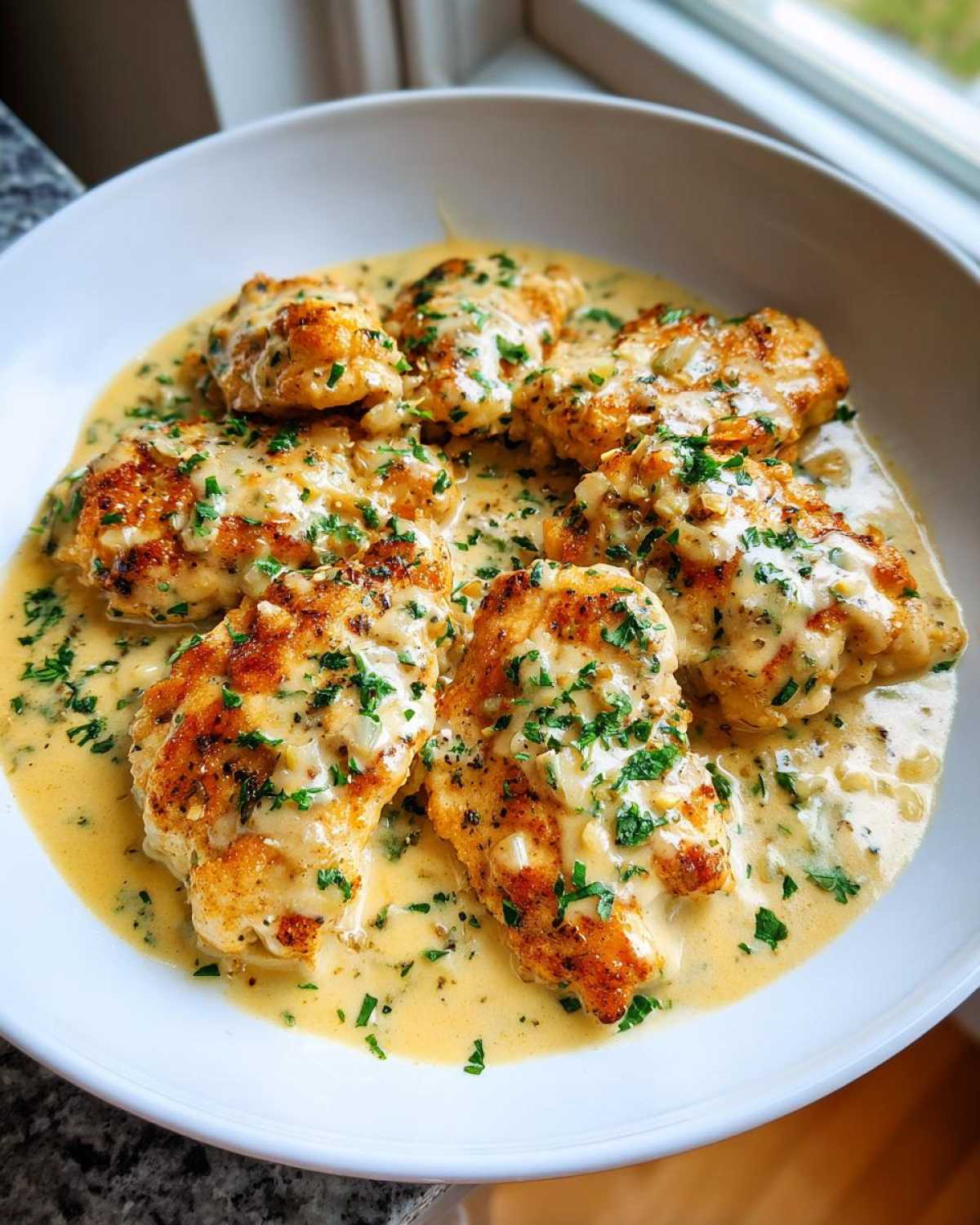 Six golden brown chicken cutlets swimming in a creamy garlic lemon sauce, topped with fresh parsley.