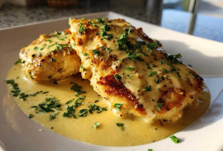 Two golden-brown chicken cutlets smothered in creamy garlic lemon sauce and topped with fresh parsley.
