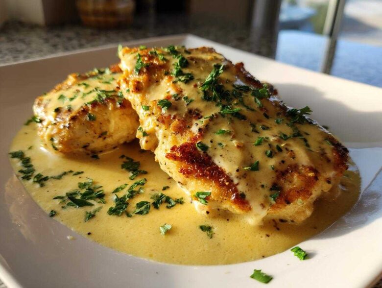 Two golden-brown chicken cutlets smothered in creamy garlic lemon sauce and topped with fresh parsley.