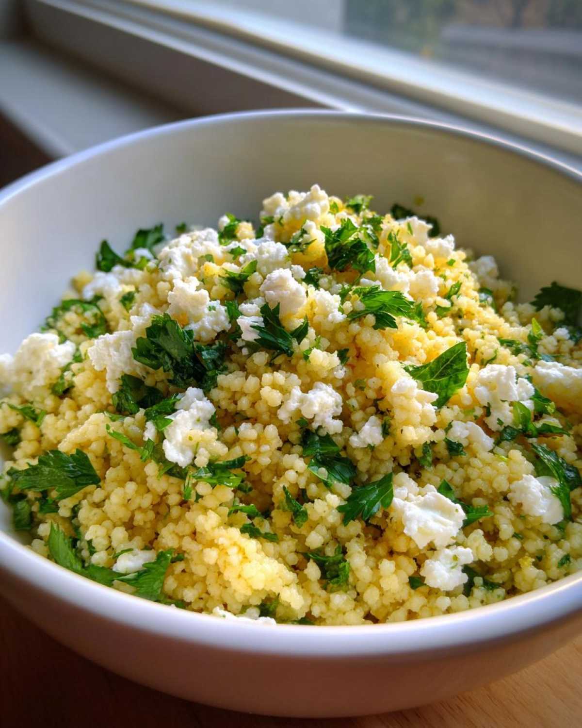 Close-up of Easy One-Pot Creamy Lemon Herb Couscous topped with crumbled feta and fresh parsley.