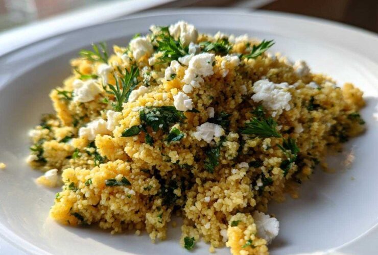 A close-up of Easy One-Pot Creamy Lemon Herb Couscous topped with crumbled feta cheese and fresh parsley.