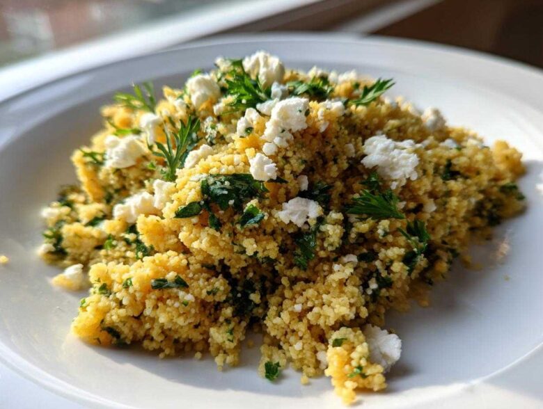 A close-up of Easy One-Pot Creamy Lemon Herb Couscous topped with crumbled feta cheese and fresh parsley.