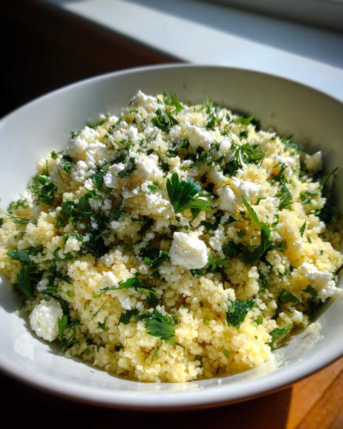 A close-up of Easy One-Pot Creamy Lemon Herb Couscous topped generously with crumbled feta and fresh green herbs.